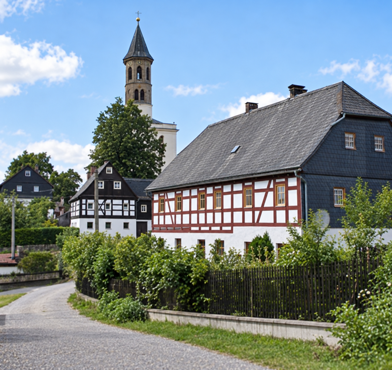 Historisches Fachwerkhaus und Kirche in Saupsdorf